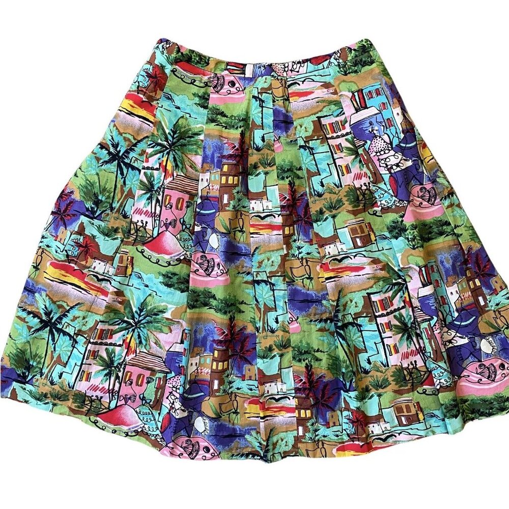 Shani Y2K Skirt Womens 8 Pleated Colorful Tropical Village Travel Resort Summer